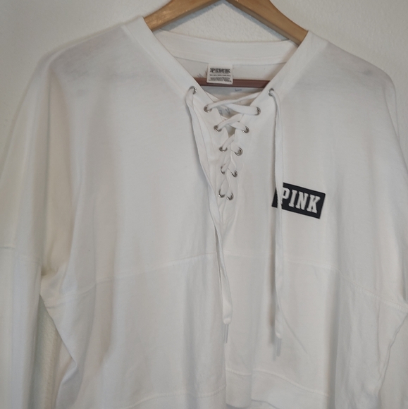 PINK Victoria's Secret White Lace-Up Neck Long Sleeve Cropped T-Shirt Size XS - Picture 7 of 10